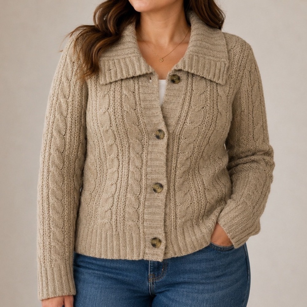Cable Knit Cardigan Womens L Taupe Wool Blend Chunky Button Fisherman Sweater